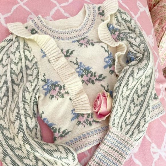 Loveshackfancy Warwick knit sweater floral ruffle hearts XS - Picture 5 of 17